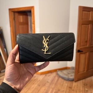 Yves Saint Laurent Black Leather Wallet with Gold Logo